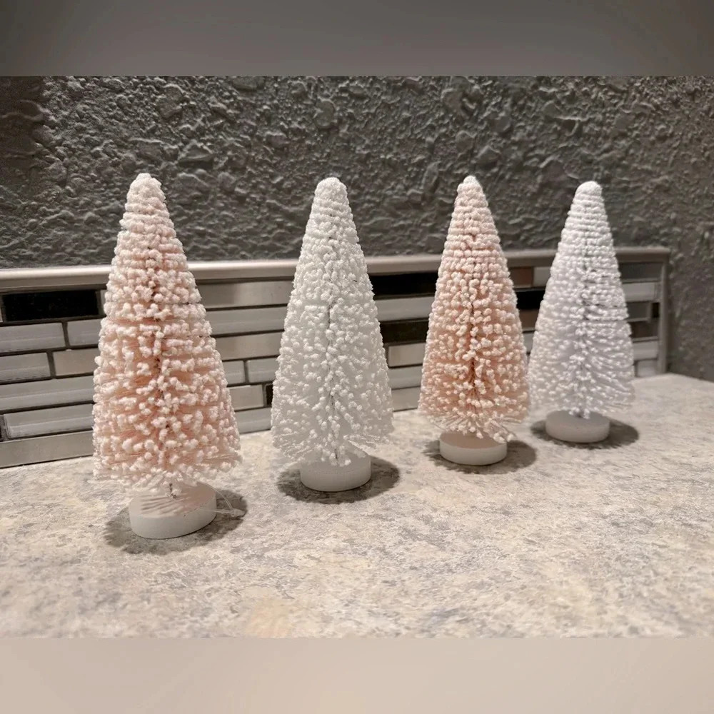 Pastel Pink and White Flocked Holiday/Christmas Bottle Brush Tree Set